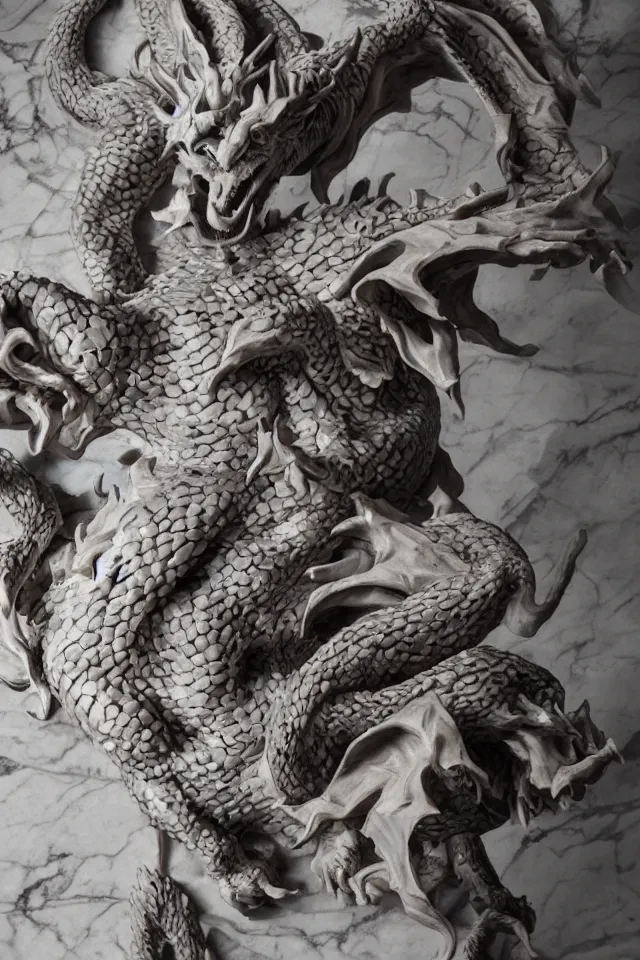 Image similar to photograph of a sculpture on the marble of a hyper detailed dragon on clay made from bernini