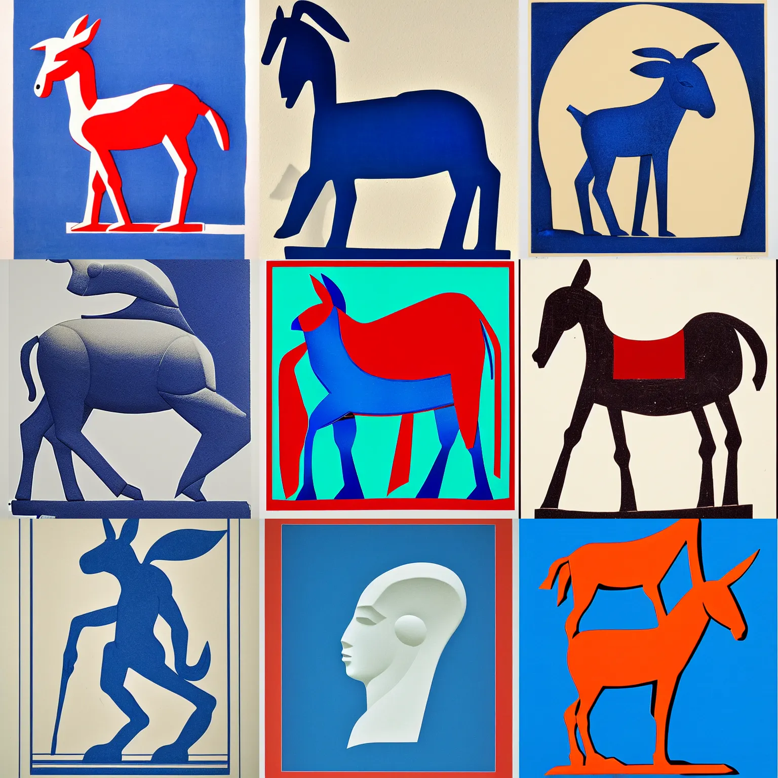 Prompt: lithograph of donkey!! cycladic sculpture, simplified, silhouette, full body, thick, solid colors, block print, iconic, side view, centered, white background, ultramarine blue and red iron oxide