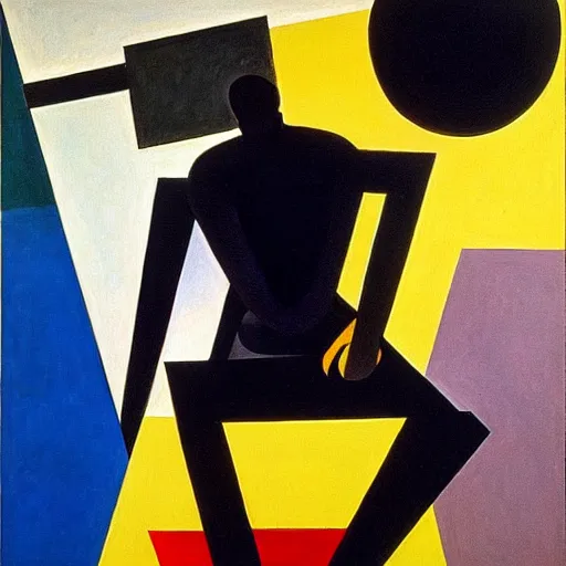 Image similar to melancholic complex suprematism painting of mechanic formed figure working on an sphere machine in height by malevich, throwing hard long shadows in complex construct room by oskar schlemmer, edward hopper vibe, liminal space, oil on canvas