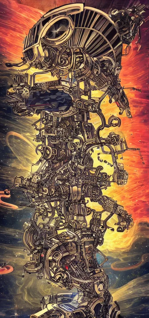 Image similar to a god machine versus a human in a space ship