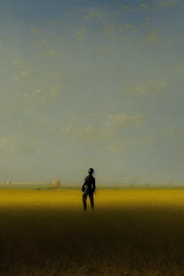 Image similar to painting of the back view of a humanoid robot, standing in the vast yellow wheat fields, looking at many distant gargantuan tall buildings by Ivan Aivazovsky