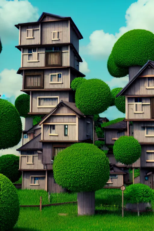 Image similar to stacked houses, solarpunk, studio ghibli, octane render, 4 k