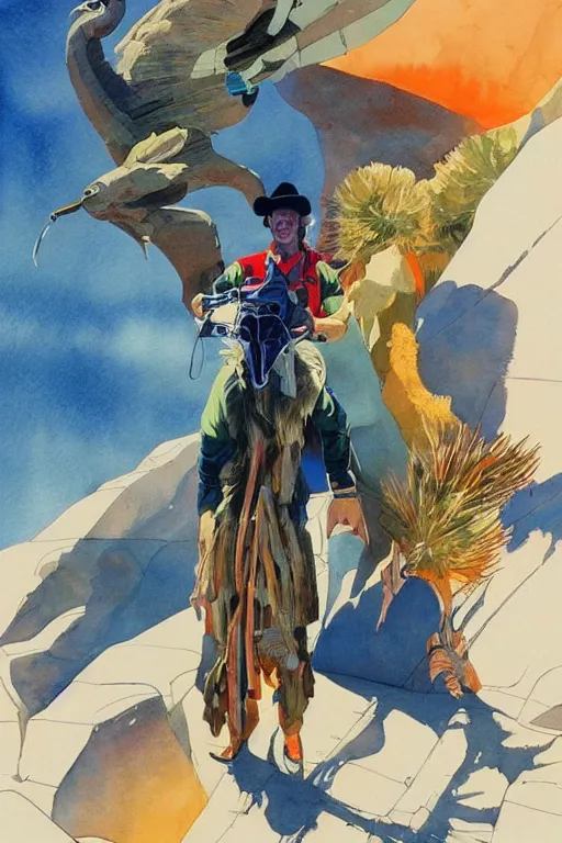 Image similar to scifi cowboy sitting on giant emu bird with backpack, science fiction, art by jean giraud, moebius, juan gimenez, greg manchess, in watercolor gouache detailed paintings, in style of syd mead, colorful comics style, artstation