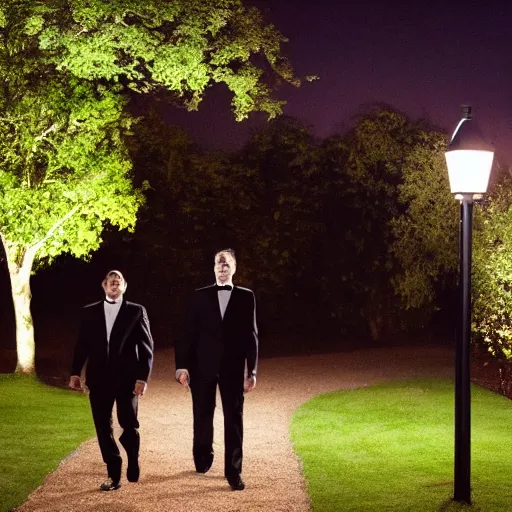 Prompt: A dark photo of two men in black suit in a garden at night walking towards a small wooden garden shed