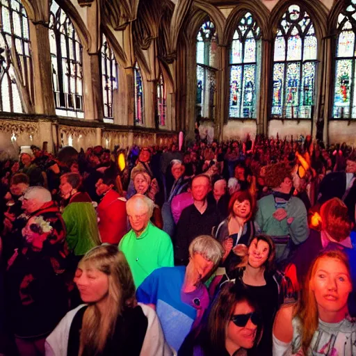 Image similar to 9 0 s rave inside exeter cathedral. colour flash photography