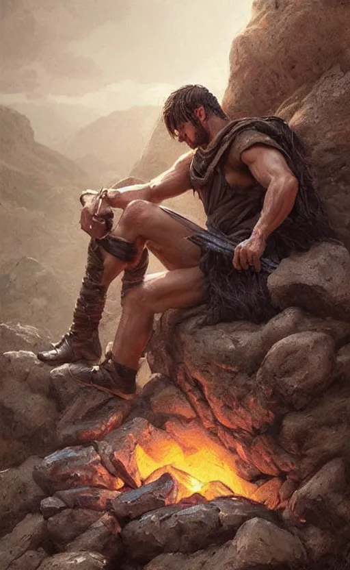 Image similar to Portrait of a rugged ranger sitting down on a rock by a fire, male, muscular, straight nose!!!, detailed face, handsome face, bare thighs!!!, simple clothing!!!!!, fantasy, medieval, highly detailed, cinematic lighting, digital art painting by greg rutkowski