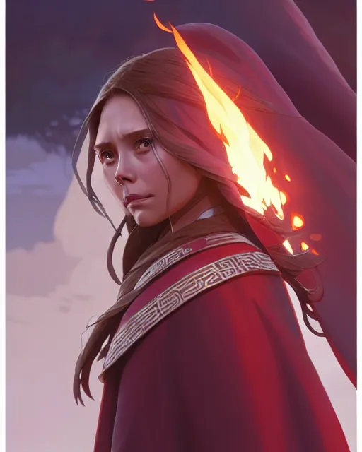 Prompt: azctec warrior, elizabeth olsen, detailed perfect face, exquisite details, fire magic, mid view, design on a white background, by studio muti, greg rutkowski makoto shinkai takashi takeuchi studio ghibli