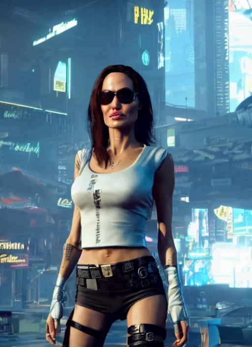 Prompt: film still of Angelina Jolie as Johnny Silverhand in Cyberpunk 2077, gameplay, 8k, HD