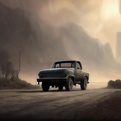 Prompt: a beautiful detailed realistic matte painting of a pick - up truck in a serene landscape with an eerie dark magic lightning portal to another dimension, by john howe and alexander skold and andreas rocha. vray, raytracing, detailed lighting, volumetric lighting, cinematic lighting, very wide shot, f 8