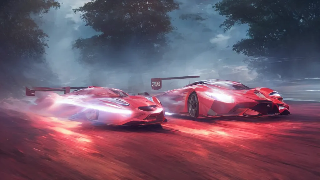 Image similar to Racing car red trail behind it, cinematic shot, epic, volumetric lighting, made by Stanley Artgerm Lau, WLOP, Rossdraws, ArtStation, CGSociety, concept art, cgsociety, octane render, trending on artstation, artstationHD, artstationHQ, unreal engine, 4k, 8k,