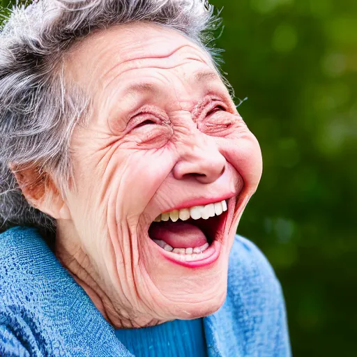 Image similar to an old woman laughing in a park. she has a thin translucent oxygen tubing under her nose