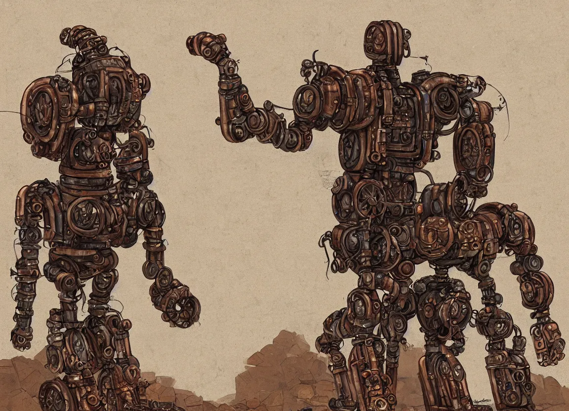 Image similar to ( ( rock golem with ( copper pipes ) ) in steampunk style ) as a robot like in ( iron harvest ), digital painting )