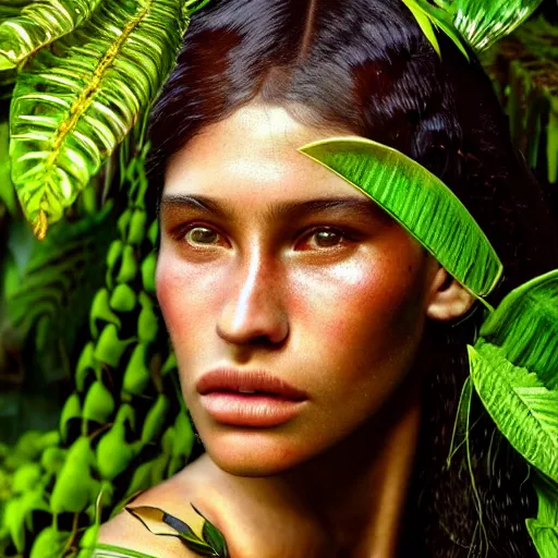 Image similar to photographic portrait of a stunningly beautiful amazonian tribal female face in amongst the jungle foliage, leaves, flowers, vines, contemporary fashion shoot, by edward robert hughes, annie leibovitz and steve mccurry, david lazar, jimmy nelsson, breathtaking, 8 k resolution, extremely detailed, beautiful, establishing shot, artistic, hyperrealistic, beautiful face, octane render