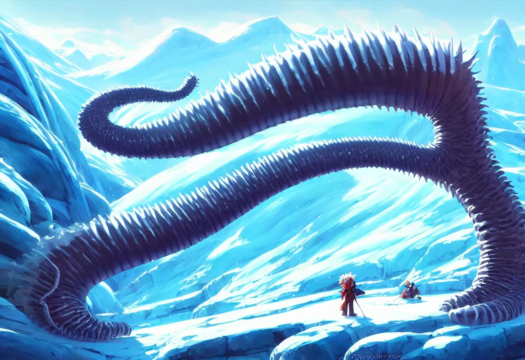 Image similar to a giant ice worm on a glacier, intricate oil painting, high detail illustration, sharp high detail, manga and anime 1 9 9 9, official fanart behance hd artstation by jesper ejsing and makoto shinkai, 4 k,