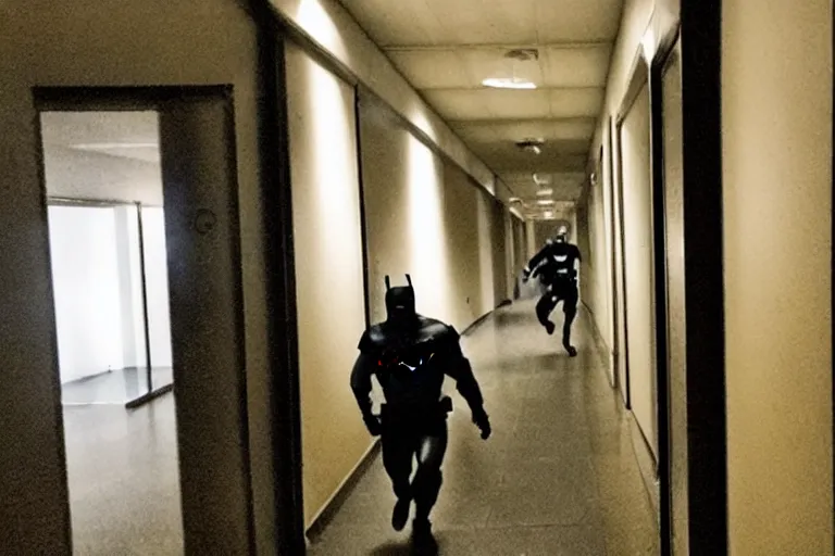 Image similar to batman wielding axe, chasing man through hallway, atmospheric eerie lighting, bodycam footage, photograph