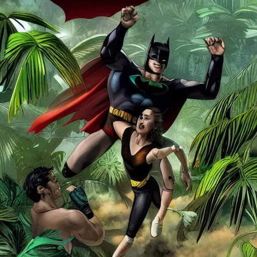 Image similar to batman and superman are playing volleyball in a jungle, in the style of greg rutkowski and artgerm, high detail