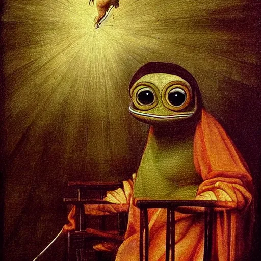 Prompt: a oil painting by leonardo da vinci about a cartoonized pepe frog, with a clow costume in a chair, dark room, fog atmosphere, god rays,dramatic lighting