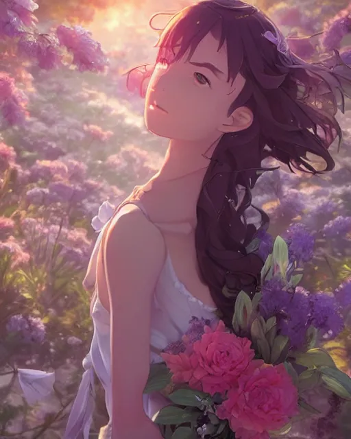 Image similar to the goddess of flowers, full shot, atmospheric lighting, detailed face, by makoto shinkai, stanley artgerm lau, wlop, rossdraws