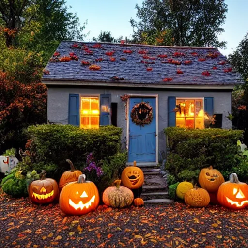 Prompt: Charming Halloween Cottage with Autumn Leaves Flowers and vines growing up the side at dusk magical lighting lightning bugs HDR