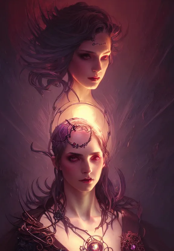 Image similar to Necromancer Sorceress in center, fantasy magic, undercut hairstyle, dark light night, intricate, elegant, sharp focus, illustration, highly detailed, digital painting, concept art, matte, art by WLOP and Artgerm and Greg Rutkowski and Alphonse Mucha, masterpiece