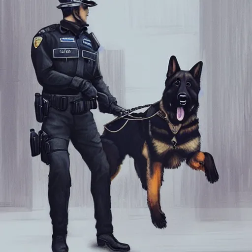 Prompt: police officer riding a giant German shepherd in the city, trending on artstation