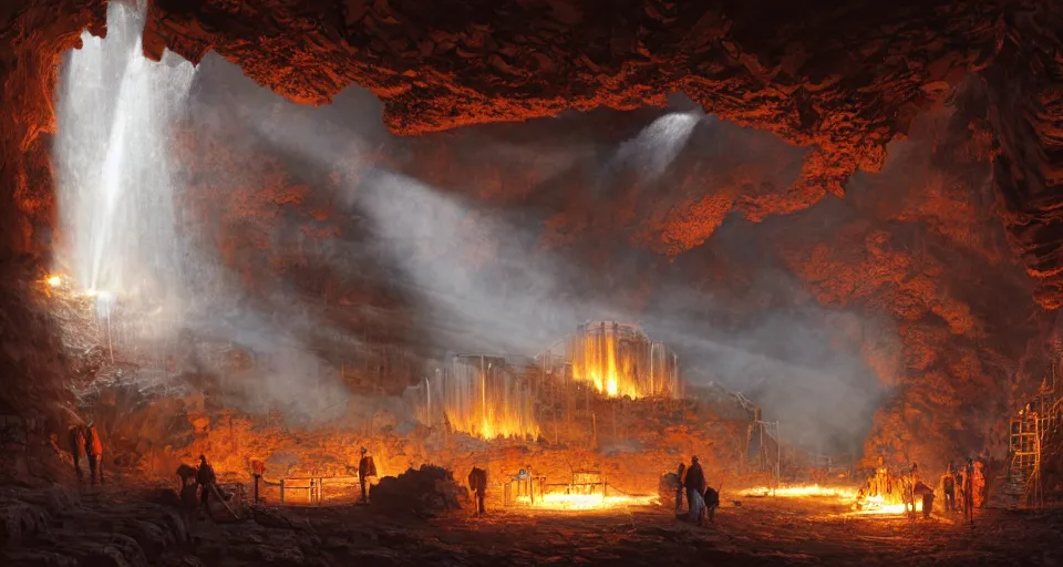 Prompt: a highly detailed digital matte painting of a high-tech smelting pit in a cave, streams of molten iron, workers, by Raphael Lacoste and Stephan Martiniere and Peter Mohrbacher and Robert McCall, volumetric lighting, hyperdetailed, octane render, 8k H- 640