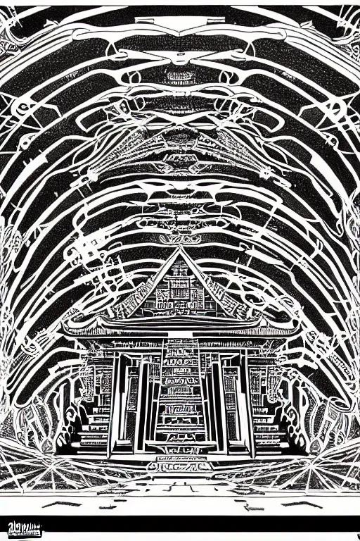 Image similar to a black and white drawing of an ancient temple, a detailed mixed media collage by hiroki tsukuda and eduardo paolozzi and moebius, intricate linework, sketchbook psychedelic doodle comic drawing, geometric, street art, polycount, deconstructivism, matte drawing, academic art, constructivism