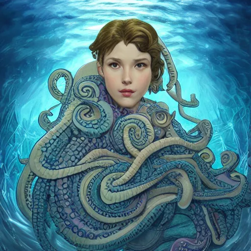 Image similar to portrait painting of an playful octopus, underwater, excellent lighting, ultra realistic, concept art, intricate details, extremely detailed, photorealistic, octane render, 8 k, unreal engine. art by artgerm and dan mumford and alphonse mucha and studio ghibli