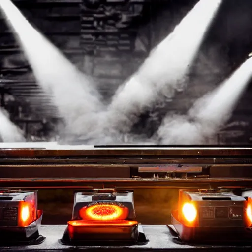 Image similar to line of toaster oven mecha heads on conveyor belt, dark messy smoke - filled cluttered workshop, dark, dramatic lighting, orange tint, sparks, cinematic, highly detailed, sci - fi, futuristic, movie still