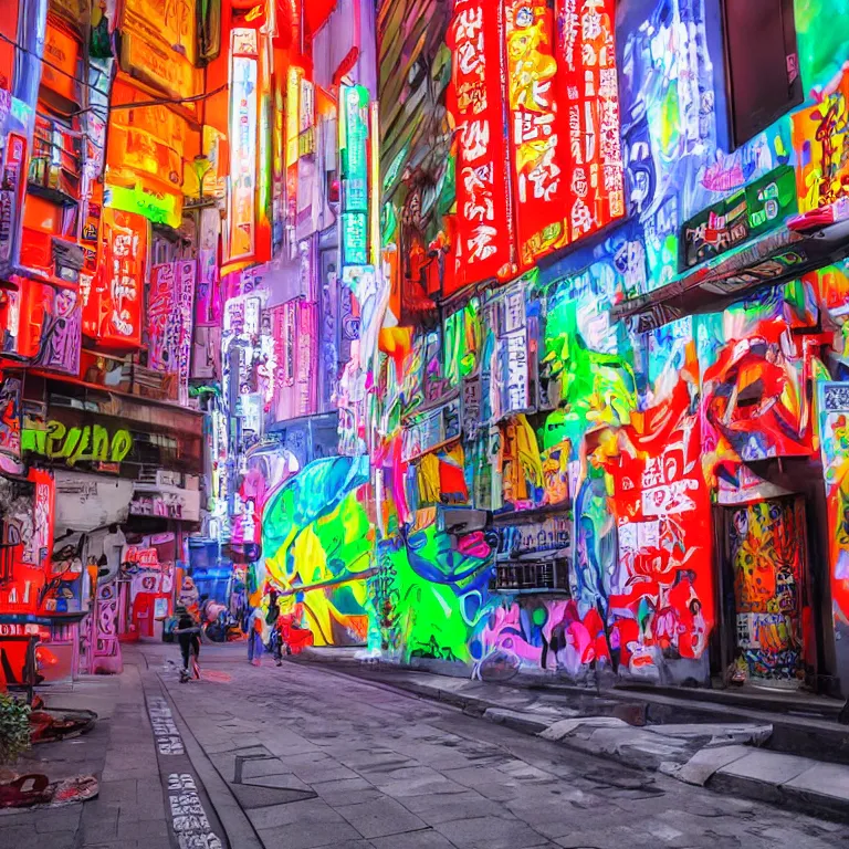 Image similar to Street-art painting on the wall in neon Tokio, photorealism