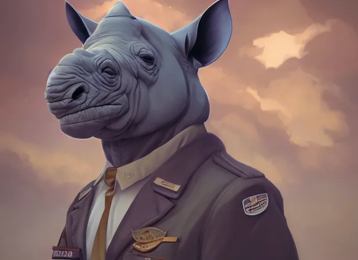 Prompt: character portrait feature of the anthro male anthropomorphic rhino fursona wearing airline pilot outfit uniform professional pilot character design stylized by charlie bowater, ross tran, artgerm, and makoto shinkai, detailed, soft lighting, rendered in octane, maldives in background