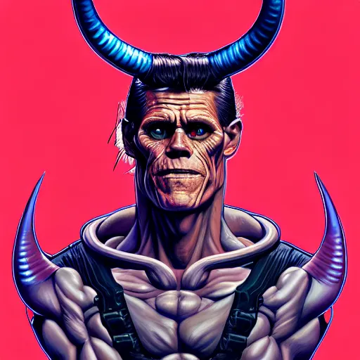 Image similar to portrait painting of a cyberpunk muscular willem dafoe with big horns, sharp focus, award - winning, trending on artstation, masterpiece, highly detailed, intricate. art by josan gonzales and moebius and deathburger