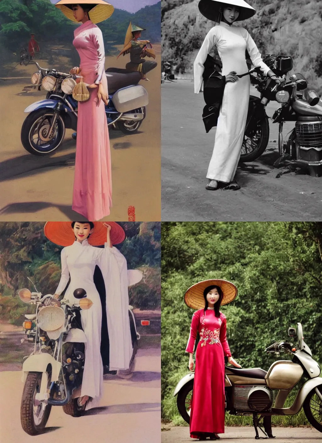 Prompt: a tall thin beautiful vietnamese girl in an ao dai dress and a conical hat standing in front of a motorcycle in the style of Frank frazetta