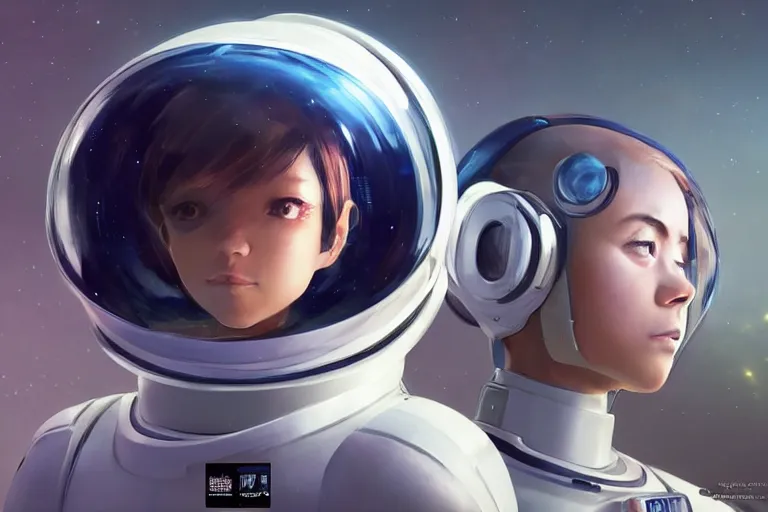 Image similar to futuristic astronaut chasing a distant spaceship Anime, portrait cute-fine-face, pretty face, realistic shaded Perfect face, wide angle, fine details, cinematic. galaxy starscape. realistic shaded lighting by Ilya Kuvshinov Giuseppe Dangelico Pino and Michael Garmash and Rob Rey greg rutkowski, octane render, IAMAG premiere, aaaa achievement collection, elegant freckles, cinematic hologram, fabulous, daily deviation, annual award winner