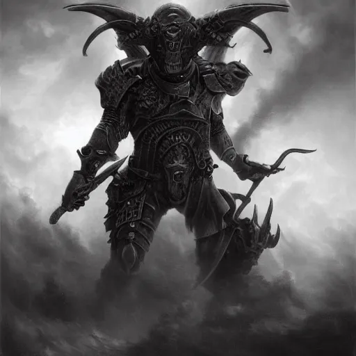 Image similar to By Tom Bagshaw and Boris Vallejo, ultra realist soft painting of a warzone by night, centered Gothic armored Minotaur standing, horror, omnious sky, symmetry accurate features, very intricate details, black and white, volumetric light clouds