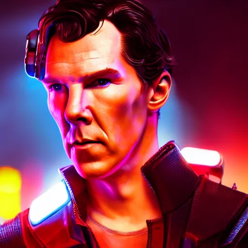 Prompt: benedict cumberbatch portrait, Cyberpunk 2077, ultra photorealistic, cybernetic body parts, neon, octane, bokeh, 8k