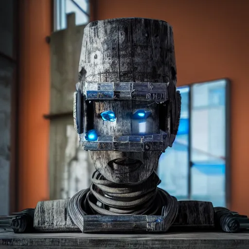 Prompt: an ultra realistic shot of a wooden art sculpture on a pedestal of a cyberpunk Roman robotic in a contemporary art gallery 8k octa style street art