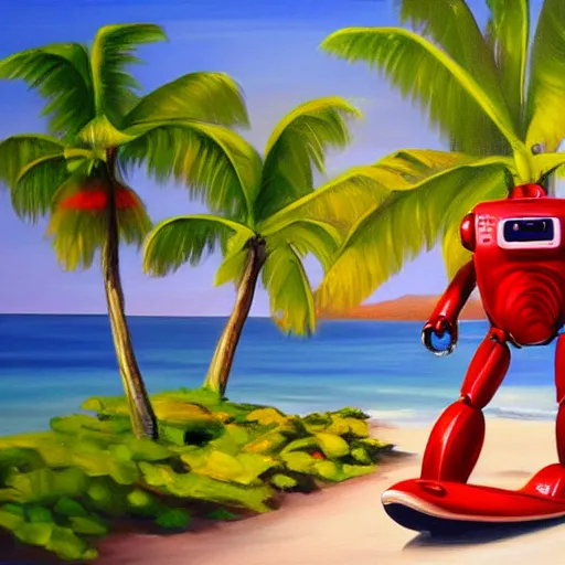 Image similar to red robot surfing the wave, island in the background, oil painting, tropical style, 3 d digital art