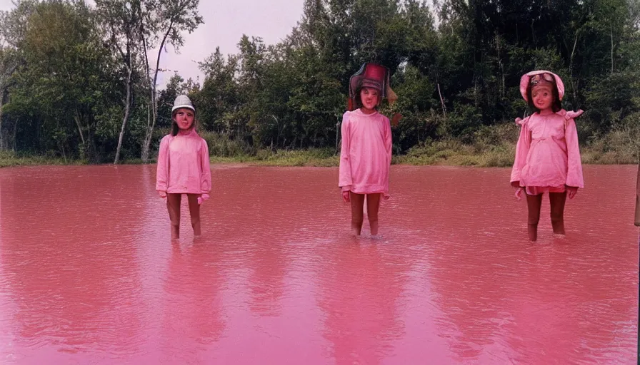 Prompt: 3 5 mm photography of kids wearing a codex seraphinianus costume in a pink lake h 1 1 0 0