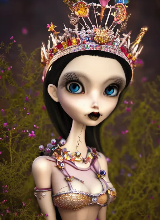 Prompt: closeup profile portrait of tin toy goth fairytale princess wearing a crown, bikini, depth of field, zeiss lens, detailed, symmetrical, centered, fashion photoshoot, by nicoletta ceccoli, mark ryden, lostfish, breathtaking, 8 k resolution, extremely detailed, beautiful, establishing shot, artistic, hyperrealistic, octane render