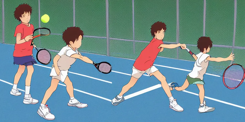 Image similar to digital art of anatomically correct kids playing tennis by studio ghibli