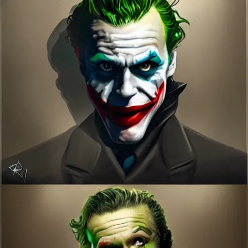 Image similar to the joker holding Margot Robbie printed pictures, digital painting, amazing detail, artstation, cgsociety