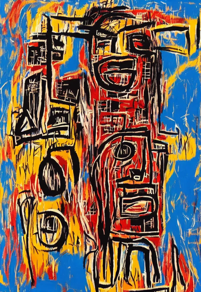 Prompt: bitcoin conference in the style of jean michel basquiat, beksisnski, and pablo picasso