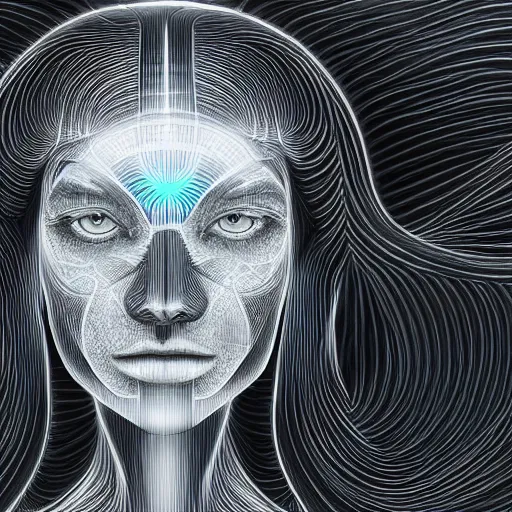 Image similar to holographic headset interface painted in alex grey and cameron gray style drawn by oku, inspired by ooioo, intricate 3 d sculpture, black and white, 3 d, high detail, sharp high detail, artstation, octane