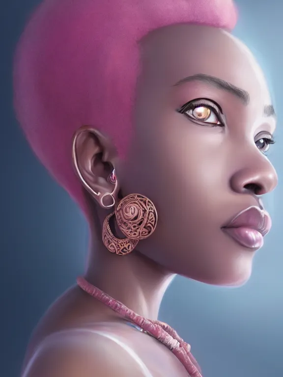 Image similar to beautiful nigerian girl with short pink hair and nose piercing, pink eye liner, thin round earrings, winds of winter, hyper detailed, digital art, trending in artstation, cinematic lighting, studio quality, smooth render, octane rendered, concept art, sharp focus, illustration, art by artgerm and greg rutkowski and wlop