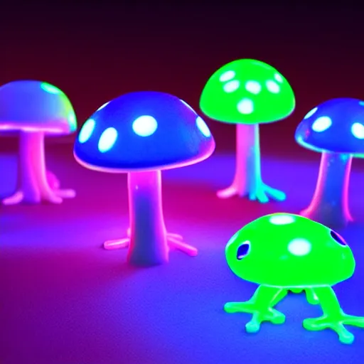 Image similar to glowing neon mushrooms and blue frogs with glowing eggs, hyper realistic