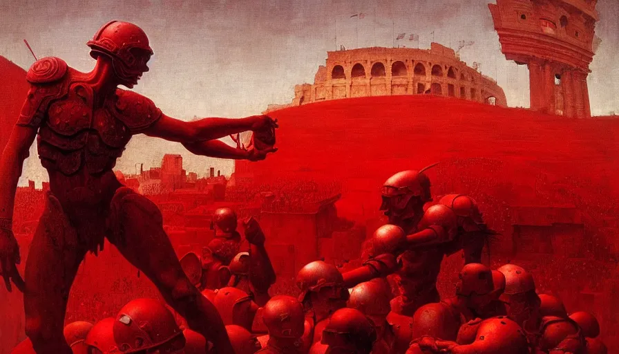 Image similar to only with red, a lightly armored gladiator in a crowded roman amphitheatre, crowd cheering, in the style of beksinski and edward hopper and rodcenko and yue minjun and cory loftis, intricate and epic composition, red by caravaggio, highly detailed, masterpiece, red light, artstation, art nouveau