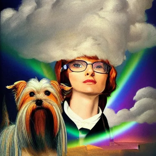 Prompt: Yorkshire Terrier under a rainbow in Santorini in the style of Lady with an Ermine, head and shoulders portrait, stormy weather, extremely detailed masterpiece, oil on canvas, low-key neon lighting, artstation, Blade Runner 2049, Roger Deakin’s cinematography, by J. C. Leyendecker and Peter Paul Rubens and Edward Hopper and Michael Sowa,
