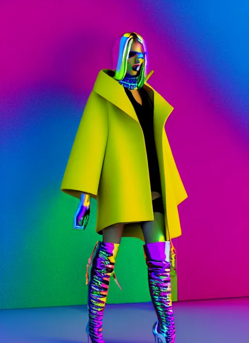 Image similar to stylish coat for a rave, bright colors, many details, prints, photo for a magazine, photo for a store, fashion photography, Vogue, 135 mm, cinematic, hyper realism, high detail, octane render, 8k, chrome accents, very coherent symmetrical artwork, perfect face model, full length photo, Upper and lower body, even skin tone