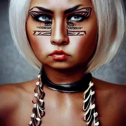 Prompt: hot tribal warrior cute girl big eyes pouty lips tanned skin white hair